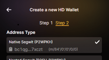 Selecting a Native SegWit bc1q address in UniSat